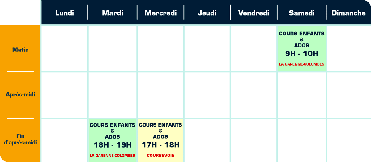 Planning des cours de self-défense et Krav-Maga enfants et ados